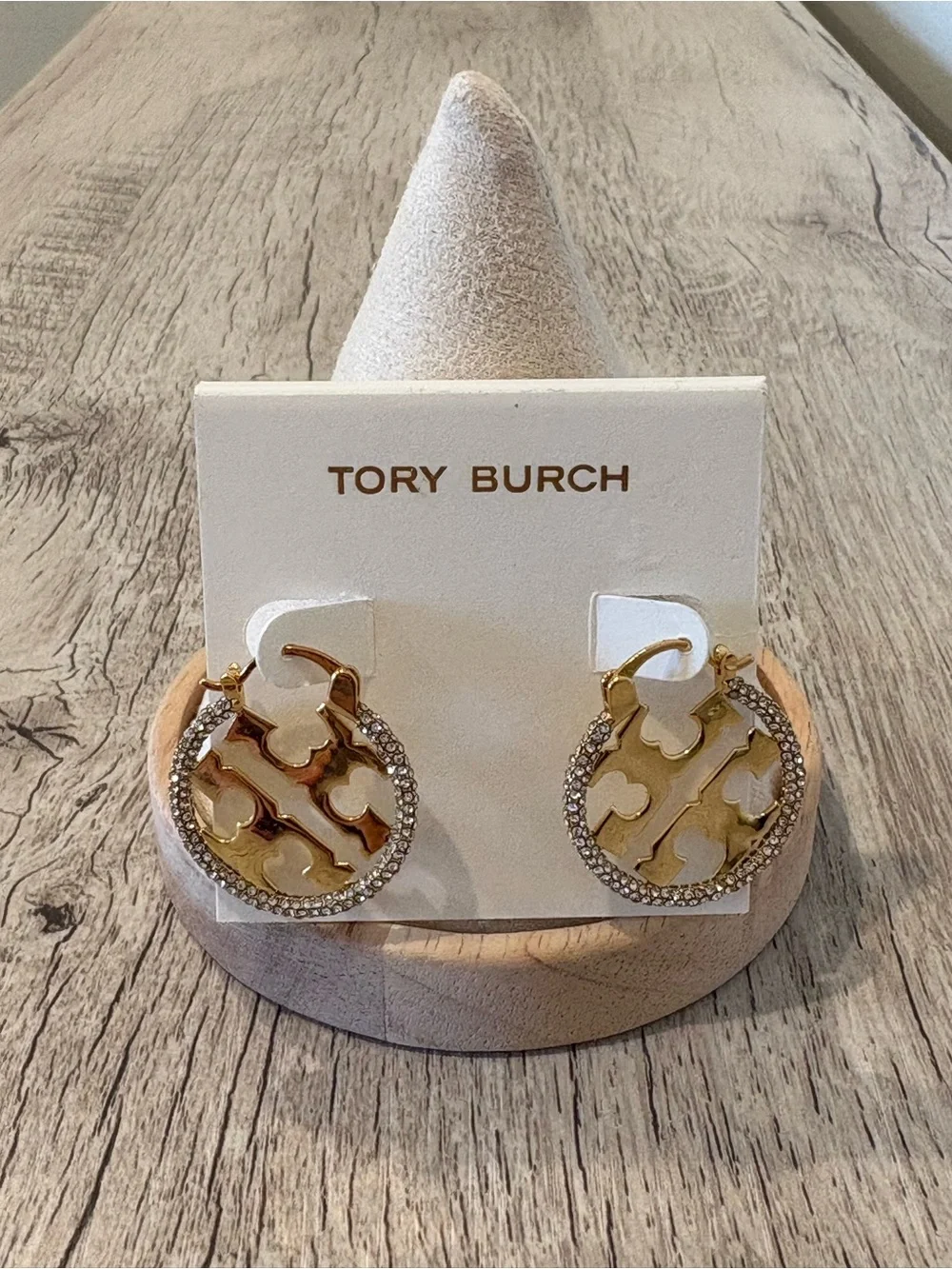 Tory Burch Gold Logo Crystal-Trim Round Drop Earrings